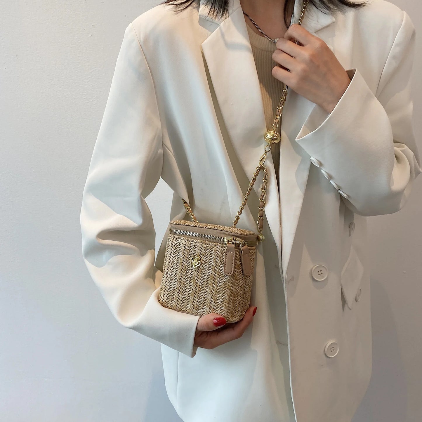 2023 Mini Straw Bucket Crossbody bag For Women Summer Weave Women's Brand Handbags And Purses Fashion Chain Simple Shoulder Bags