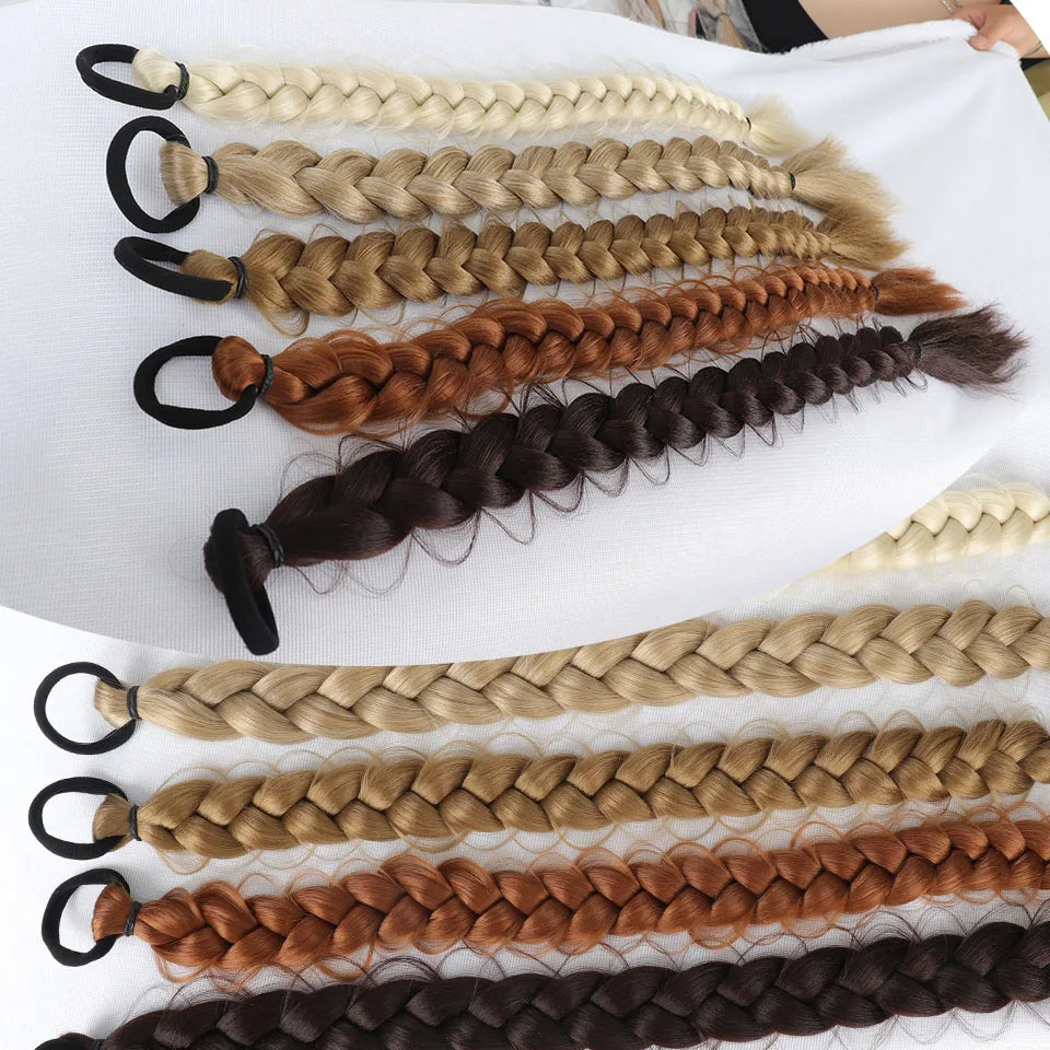 Synthetic Braided Ponytail Hair Extension With Rubber Band Boxing Braids For Women Hair Accessories 24Inch Long Black Braids