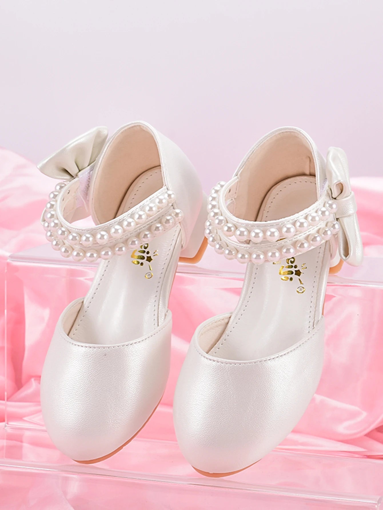 Children's Princess Shoes For Girls, Spring/Summer White Shoes With High Heels And Pearls For Big Kids