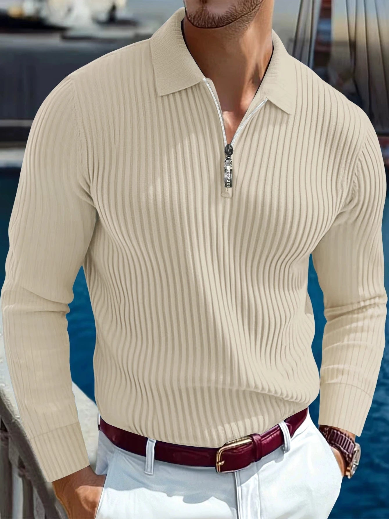 2025 Spring and Autumn New Men Solid Color Striped Button Knitted Collar Long Sleeve Top Business Casual Breathable Polo Shirt