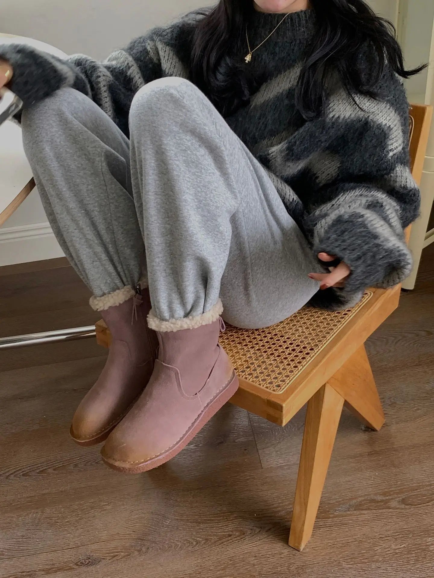 Careaymade-Genuine cow leather Snow cotton round head flats woolen short boots plush warm snow boots Oversized shoes size 35-43