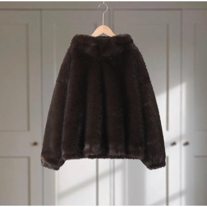 Luxury Faux Fur Hooded Pullovers Women's Loose Full Sleeve Stand Collar Pocket Coats 2025 New Autumn Winter Ladies Solid Outwear