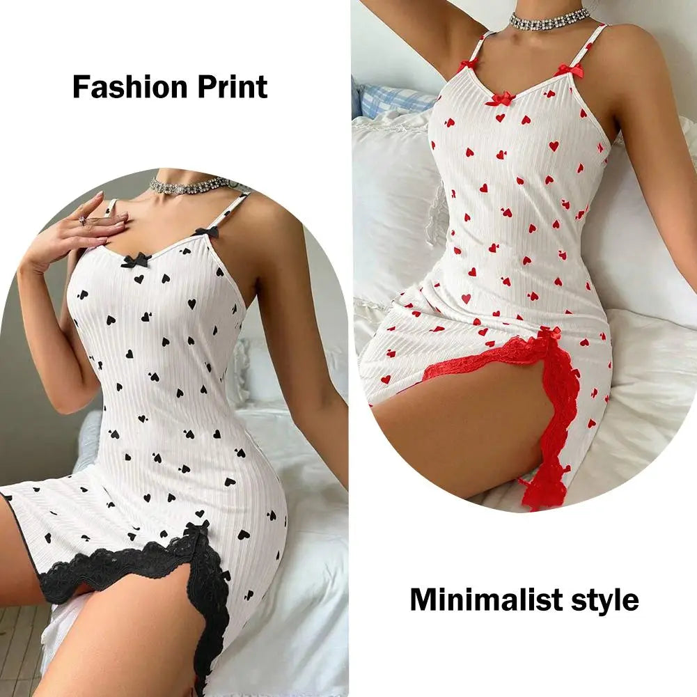 Women's Sexy Nightdress Night Gown Lace Trim Camisole Bow & Heart Print Sleeveless Sleep Dress Elegant Night Wear ﻿