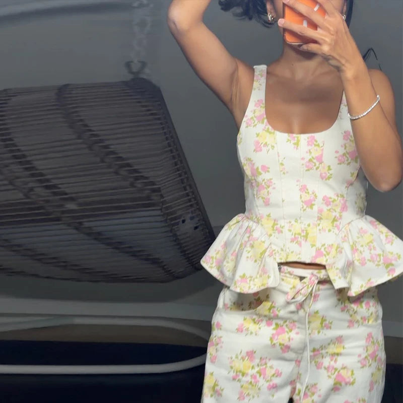 Floral Printed Women Long Pants Set Elegant Sleeveless Backless Vest Wide Leg Trousers Chic Holiday Vacation Lady Summer Outfits BAZAARHUBO