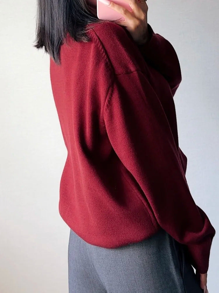 Oversize Burgundy Womens O Neck Knitwear Sweater Warm Winter Pullover