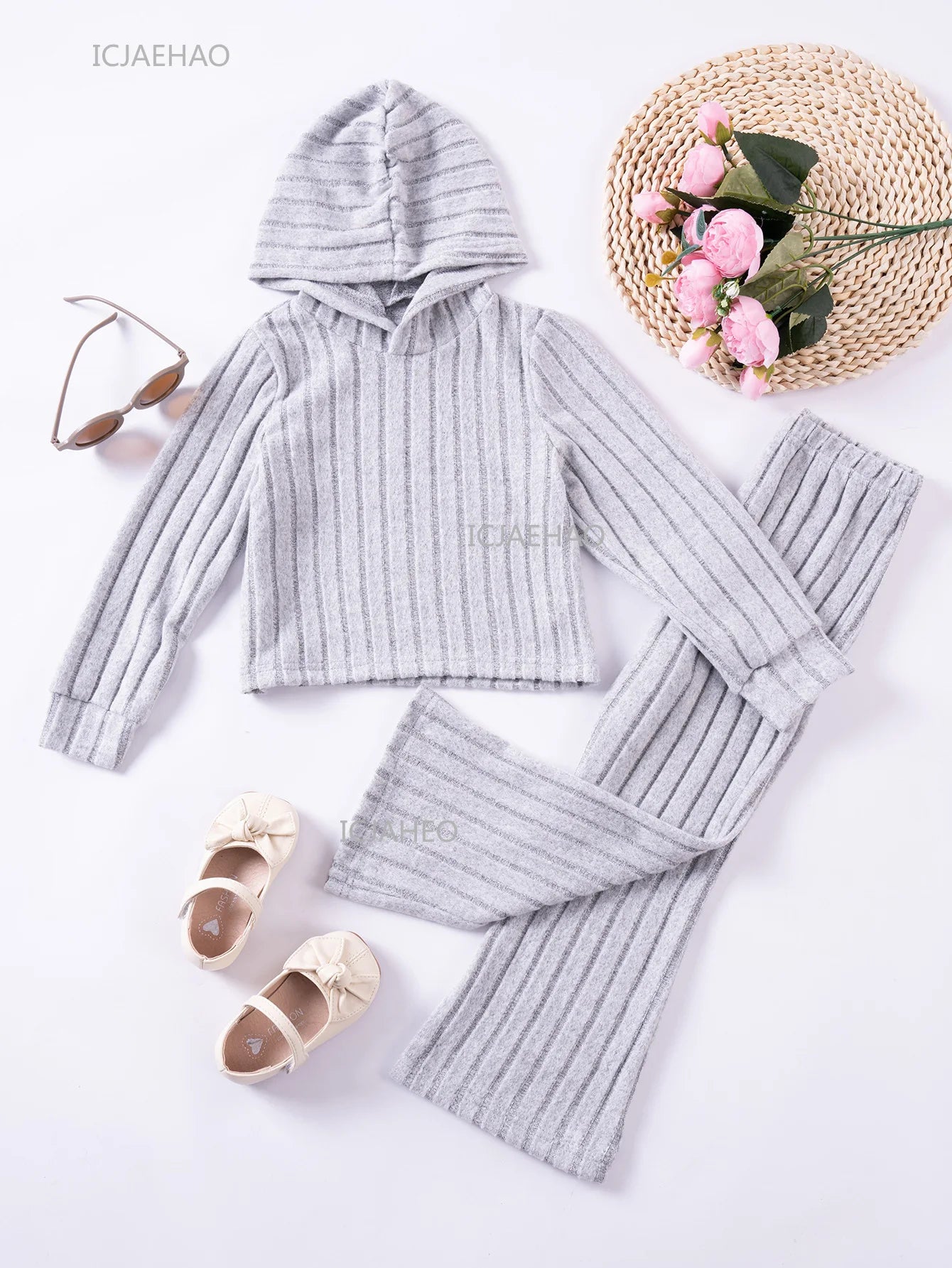Girls Children Outfit Set Hooded Knit Sweater Long Sleeve Solid Pants Casual Clothing for Kids Toddler Daily Wear Autumn Spring