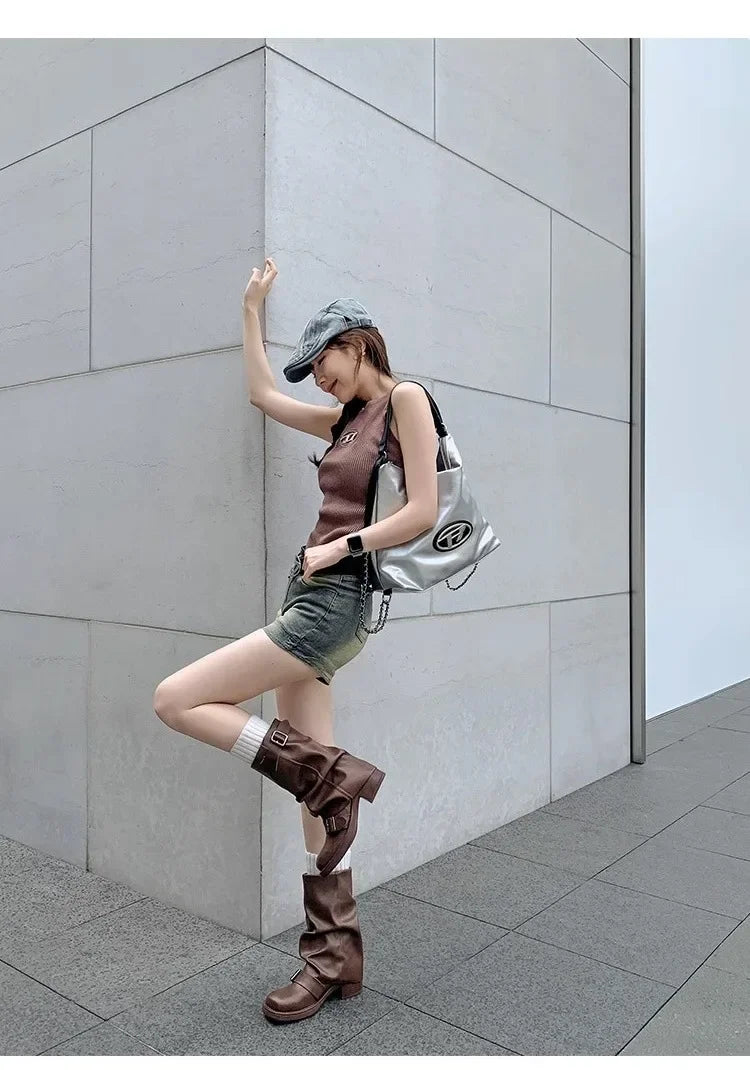 Pleated Buckle Knight Boots for Women Autumn Brown PU Leather Mid Calf Boots Woman Slip-On Thick Heel Riding 2024