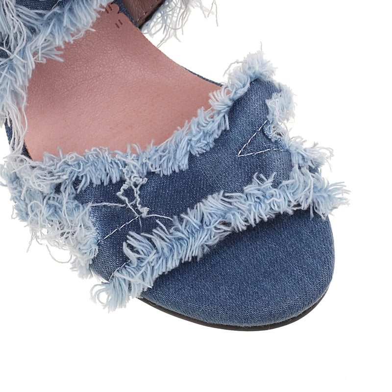 Women's New Summer Europe and America Open Toe Lace Edge Denim High Heel Large Bag Heel Zipper Roman Sandals 44 45 46