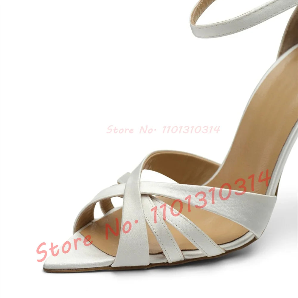 Nude Cross Strap High Heels Sandals Ladies Trendy Open Pointy Toe Classy White Satin Sandal Women Dress Ankle Strap Casual Shoes