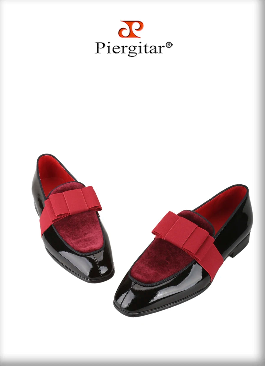 Black Patent Calfskin And Velvet Hand Stitching Men’s Dress Shoe With Grosgrain Ribbon Bow Adorns CL Brand Couture Loafer