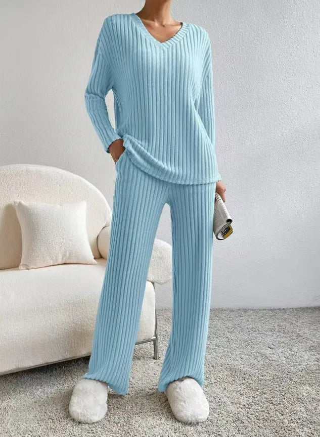 Fashionable Knitted Two-Piece Set Casual V-Neck Long Pants Autumn Winter New Style Loose Fit Korean Style Comfortable Polyester