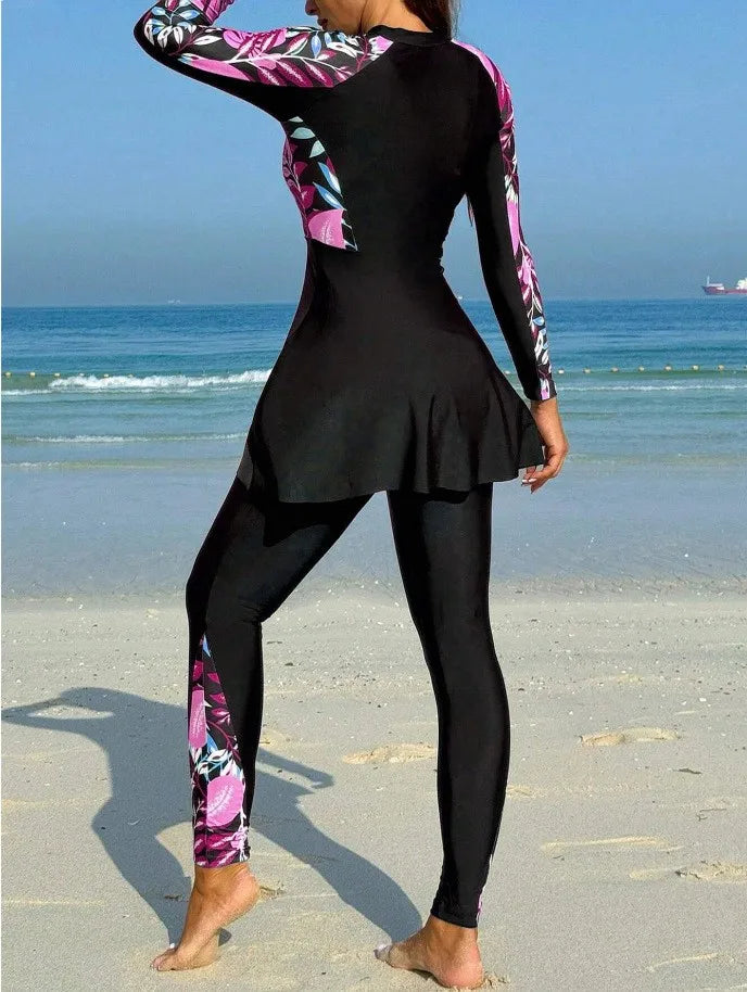 Burkini Femmes Swimwear Long Sleeve Black Tunic Swimsuit Full Leggings Front Zipper Swimming Suit Sun Protection Two Piece