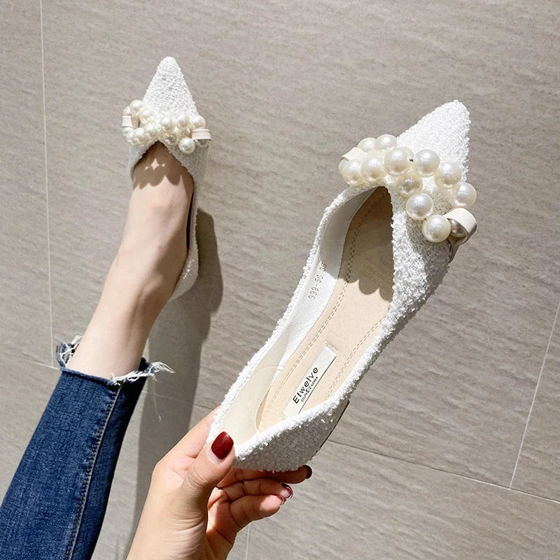 Flat Shoes for Women 2025 Spring Summer New Big Pearls Green White Women Flats Slip on Casual Loafers Zapatillas Mujer 44 45 46