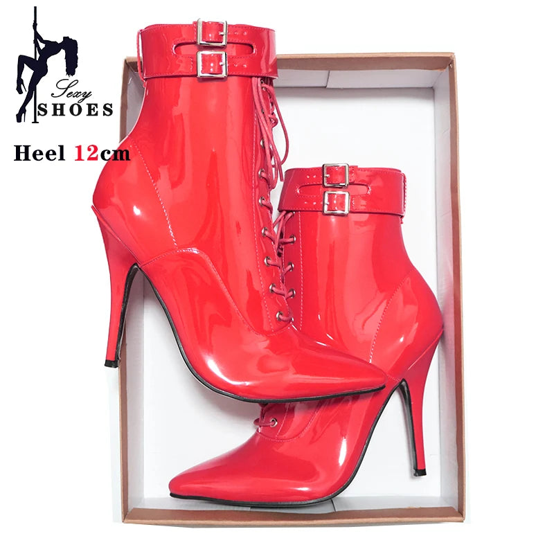 Cross-tied Pink Pointed Toe Ankle Boots 12cm Sexy Fetish Stripper Shoes Patent Leather ZIP Short Boots Women Heels Plus Size 46