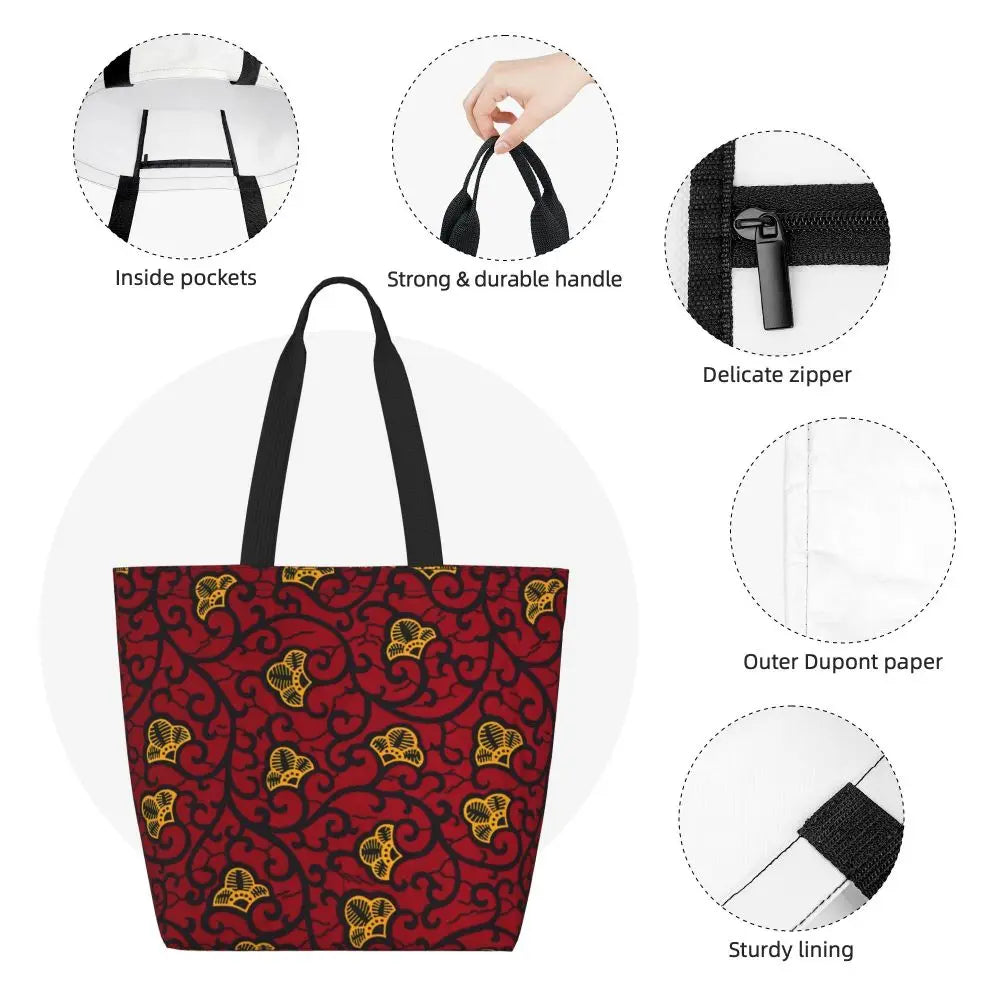 African Ankara Prints Grocery Shopping Tote Bags Women Geometric Ethnic Art Canvas Shoulder Shopper Bags Big Capacity Handbag