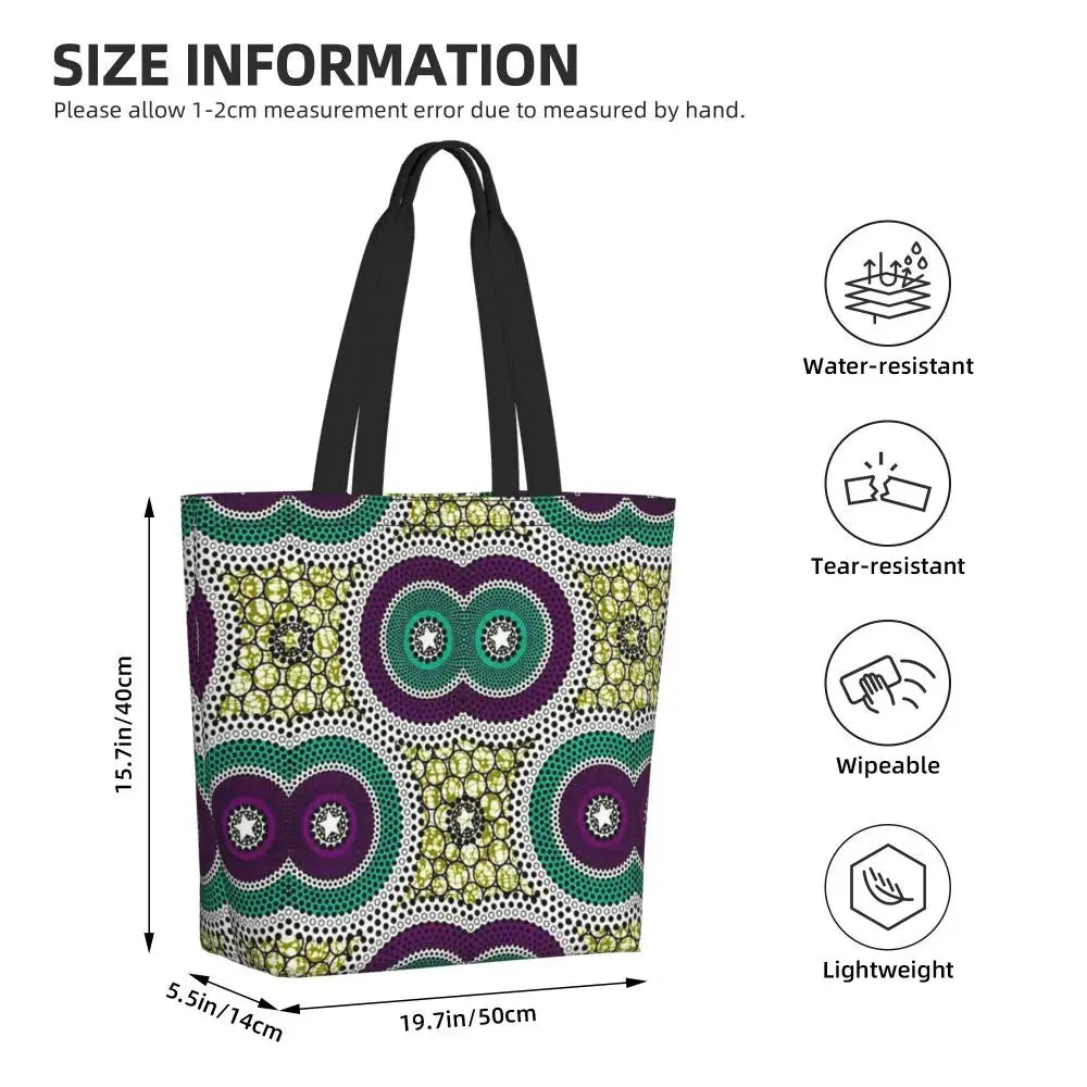 African Ankara Prints Grocery Shopping Tote Bags Women Geometric Ethnic Art Canvas Shoulder Shopper Bags Big Capacity Handbag