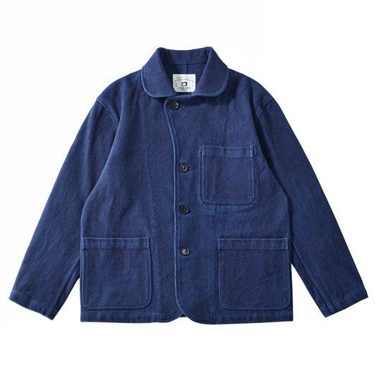 Indigo-Dyed Sashiko Blazer - Heavyweight 600gsm 100% Cotton Japanese Washed Suit Jacket Casual Vintage Style Autumn Winter