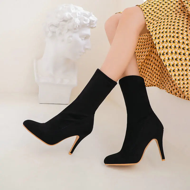 2023 Autumn Winter Sock Short Boots Lady Mid-Calf Thin High Heels Large Size 46 Fashion Women Shoes Elastic Flock Pointed Boots