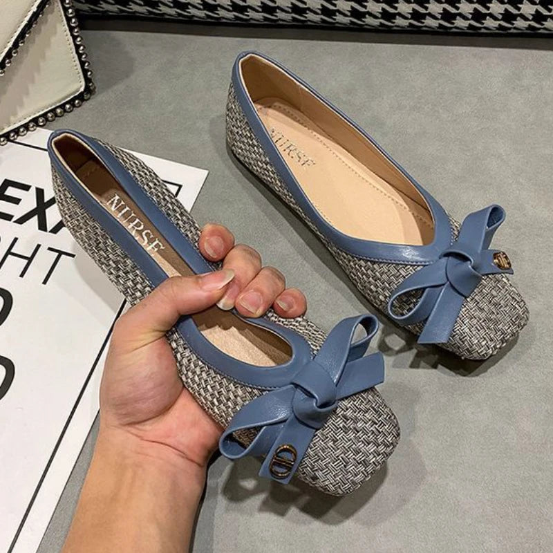 Women's Shoes 2025 New Woven Bow Square Toe Women's Ballet Flats Female Soft Sole Large Fashion Women's Shoes Chaussure Femme