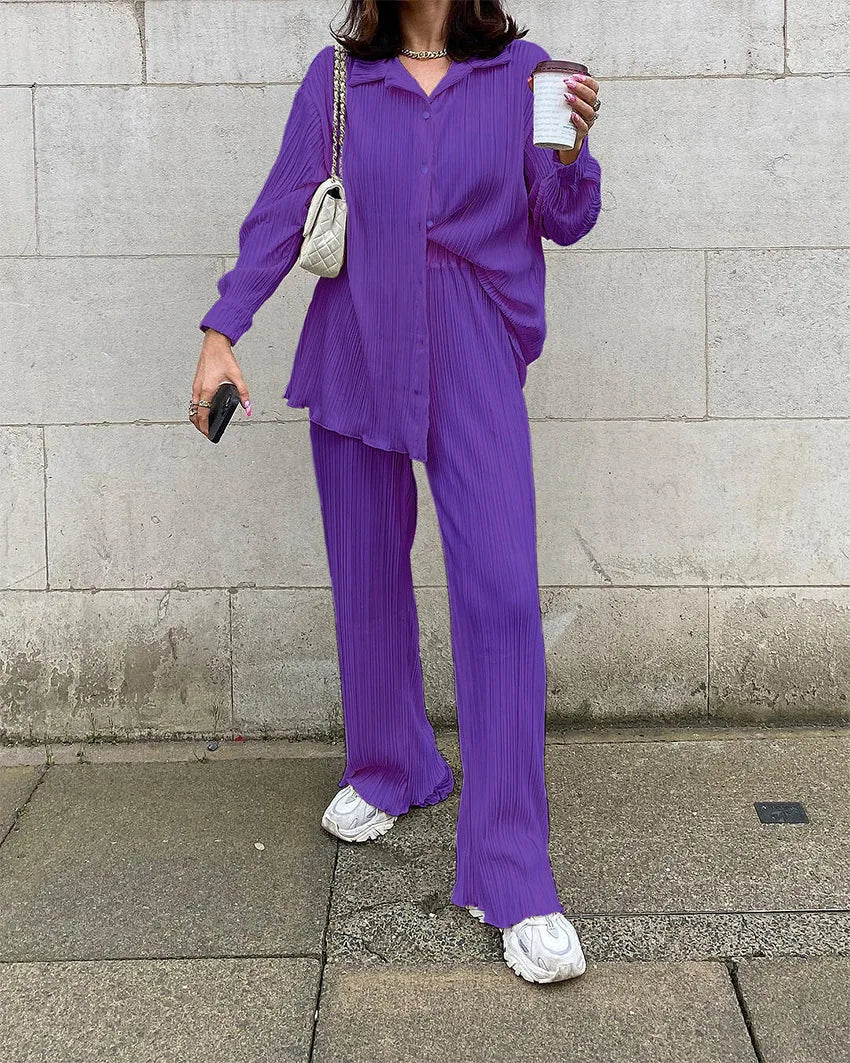 New Two Piece Set Women Outfits Pleated Women's Elegant  Drape Loose Sets Shirt High Waist Trousers Female Suit Fashion Casual