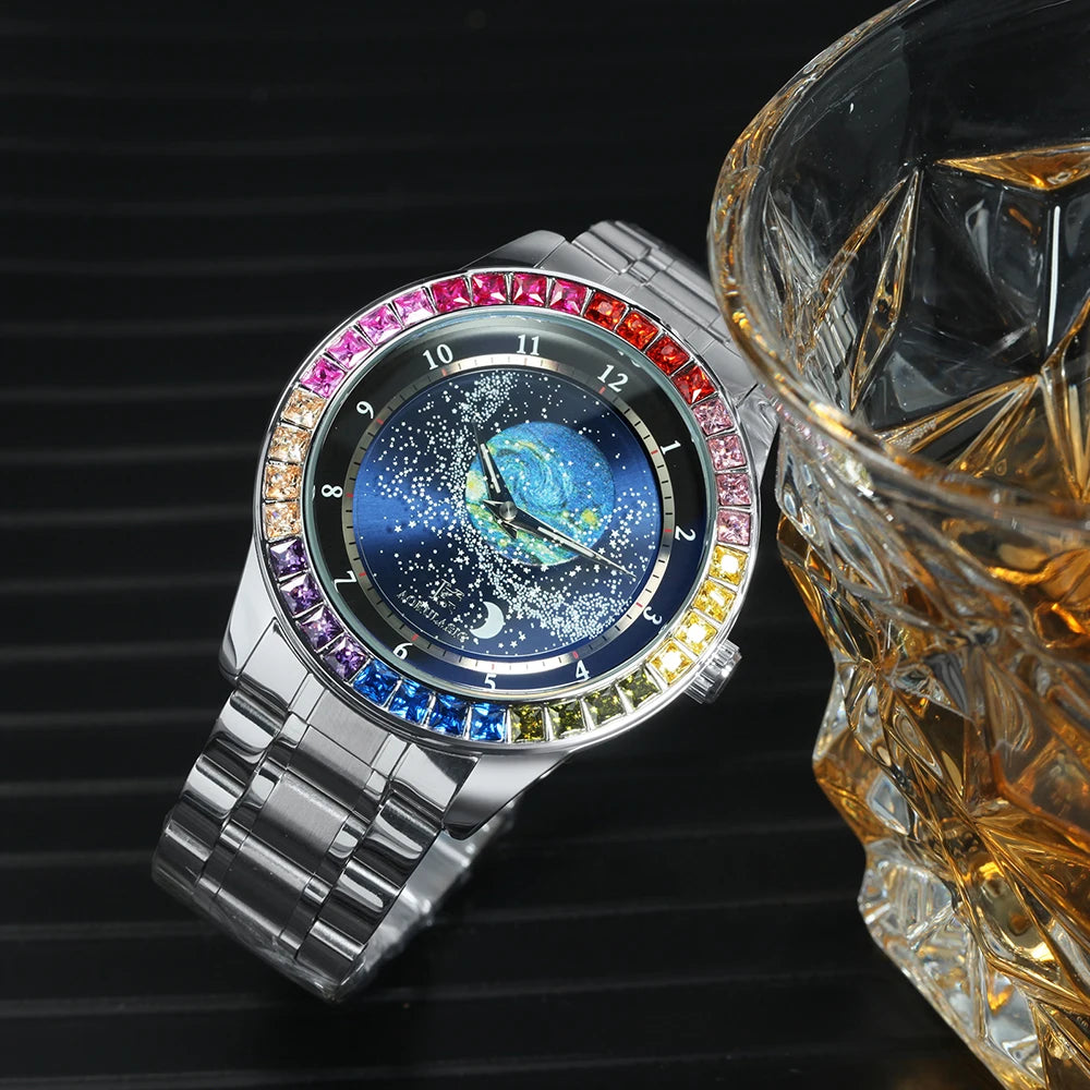 Fashion Starry Sky Luminous Mechanical Watch for Men Leather Steel Strap Luxury Brand Business Automatic Mens Watches AOKULASIC