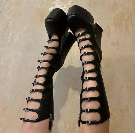 Patent Leather Belt Buckle Sexy Boots Platform Party Zip Summer Fashion Women Lolita Boot Hollow Street Punk Thick High Heels
