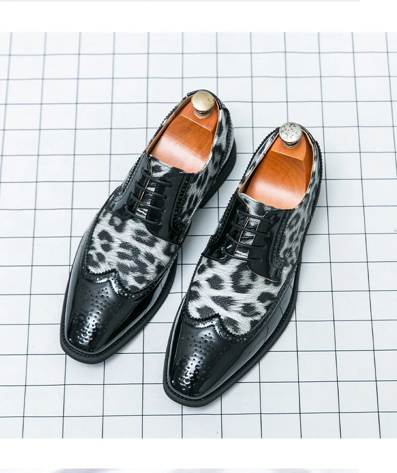2025 Fashion Leopard Dress Shoes Man Pointed-Toe Lace-up Luxury Man Comfortable Leather Shoes For Men Plus Size 48 Oxford shoes