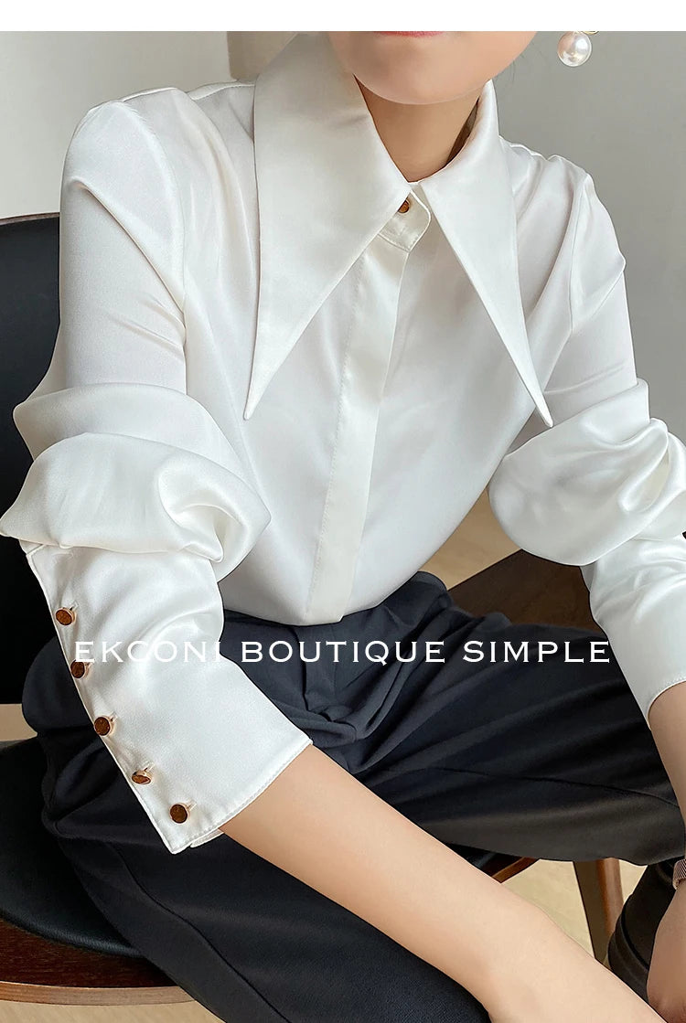 Stylish Elegant Turn Down Collar White Long Sleeve Satin Shirts Fashion Woman Vintage Blouse 2024 Office Lady Tops Blusas 16946