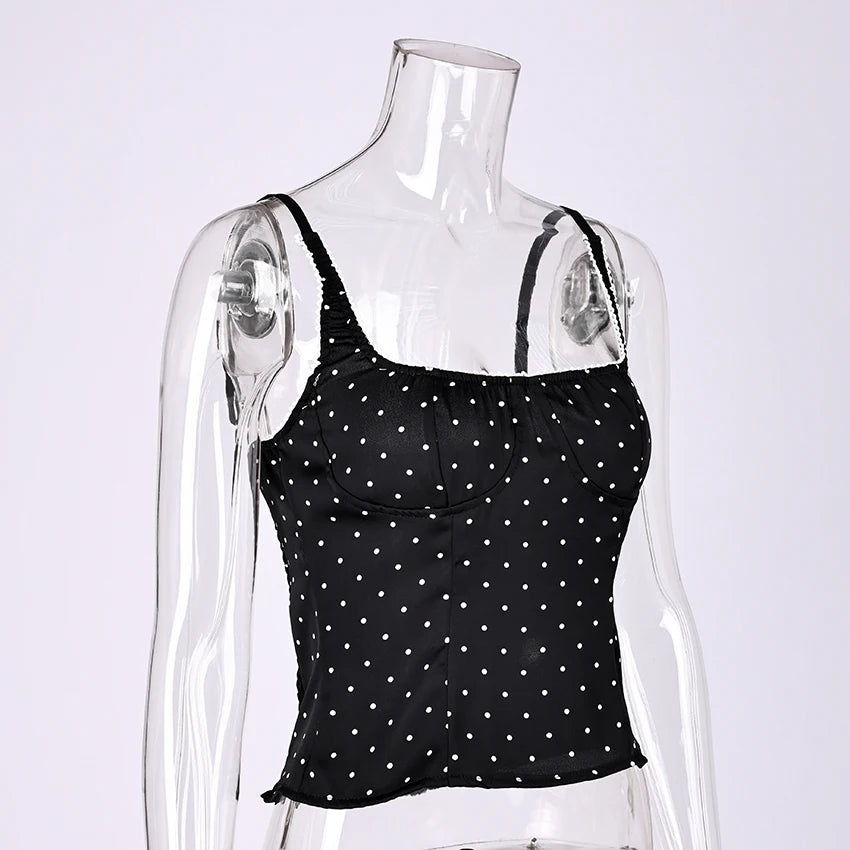 Backless Polka Dot Satin Tank Top Women Spaghetti Strap Lace Camisole Summer