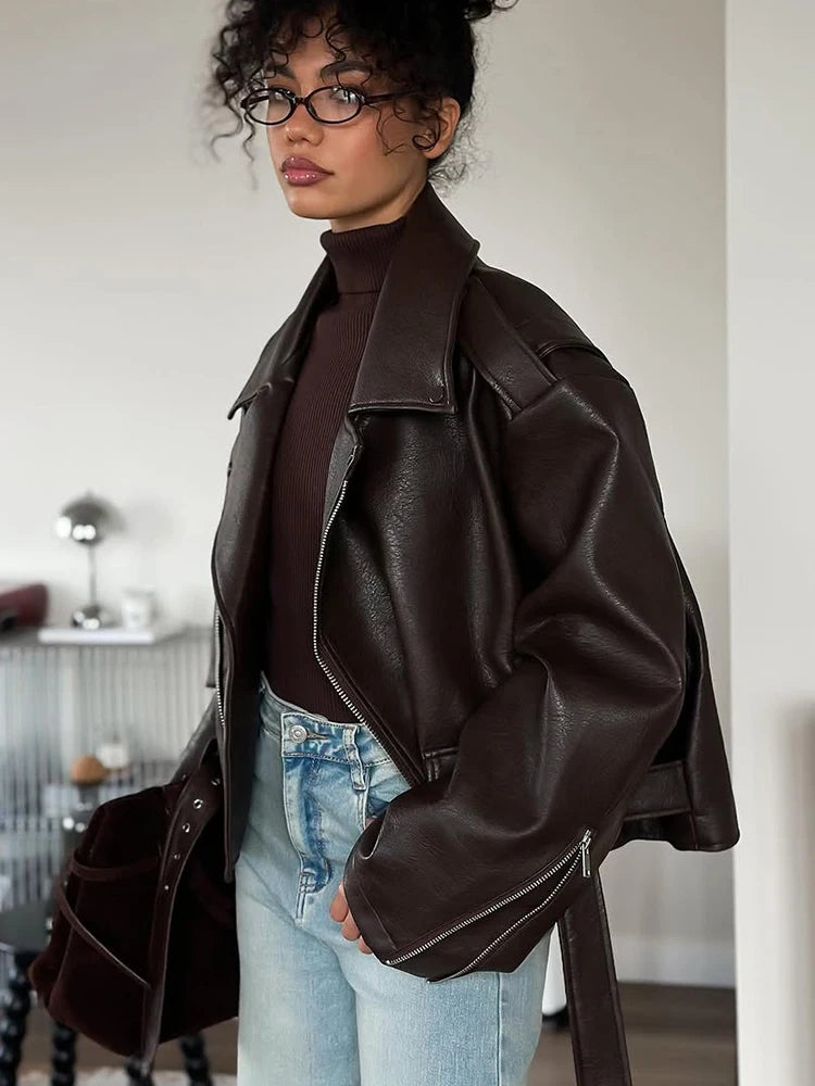 Casual Dark Red  Zipper Leather Short Jackets Women Long Sleeve Lace Up Lapel Loose Button Coat Lady Daily High Street Wear 2026