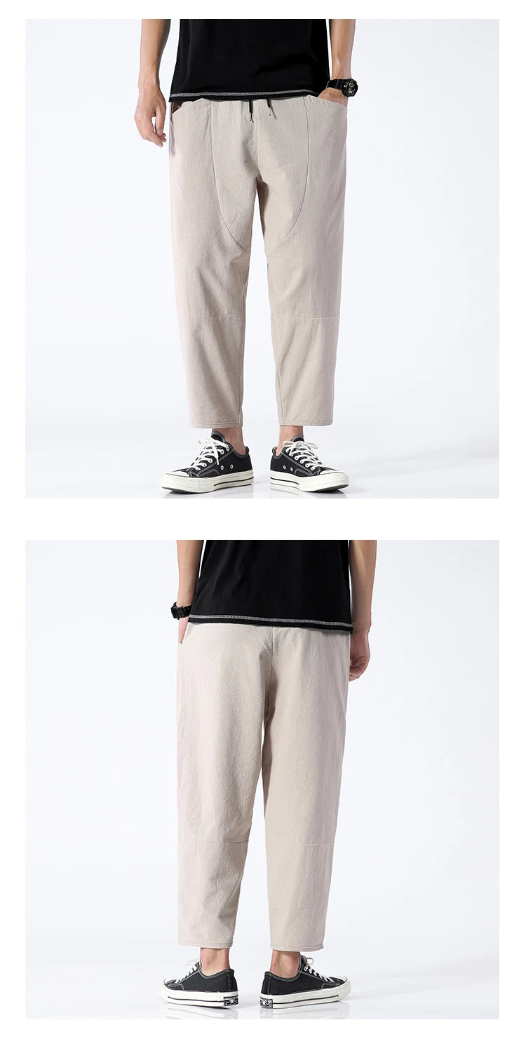 100% Cotton Men's Summer Casual Loose Pants Trendy Japanese Style Cropped Pants for plus Size Men up to 5XL