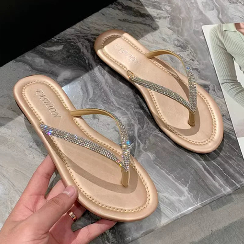 Lady New Luxury Crystal Thongs Shoes Flats Summer Flip Flops For Girls Outdoor Simple Leisure Slippers In Gold Silver 35-43 25cm