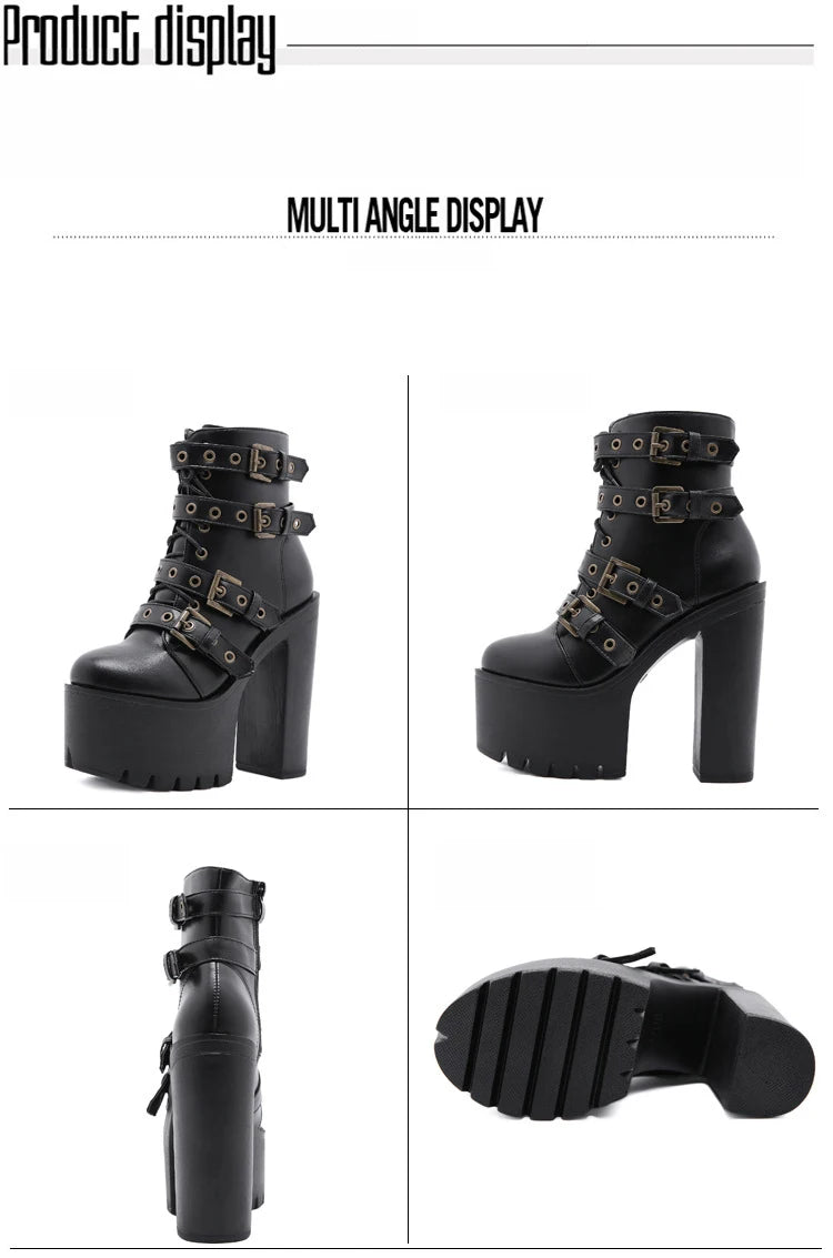 Zip Up Platform Ankle Boots High Heels Round Head Black Leather Goth Studded New Rock Combat Punk Women Shoes On Offer