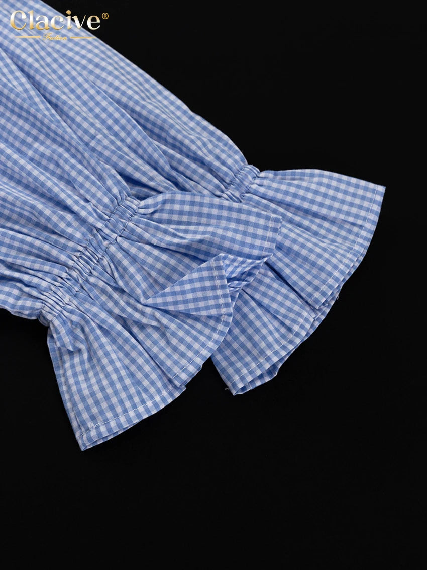 Clacive Fashion Loose Plaid Cotton Women's 3 Pieces Set 2025 Elegant Long Sleeve Shirt With High Wiast Wide Pants Set Female