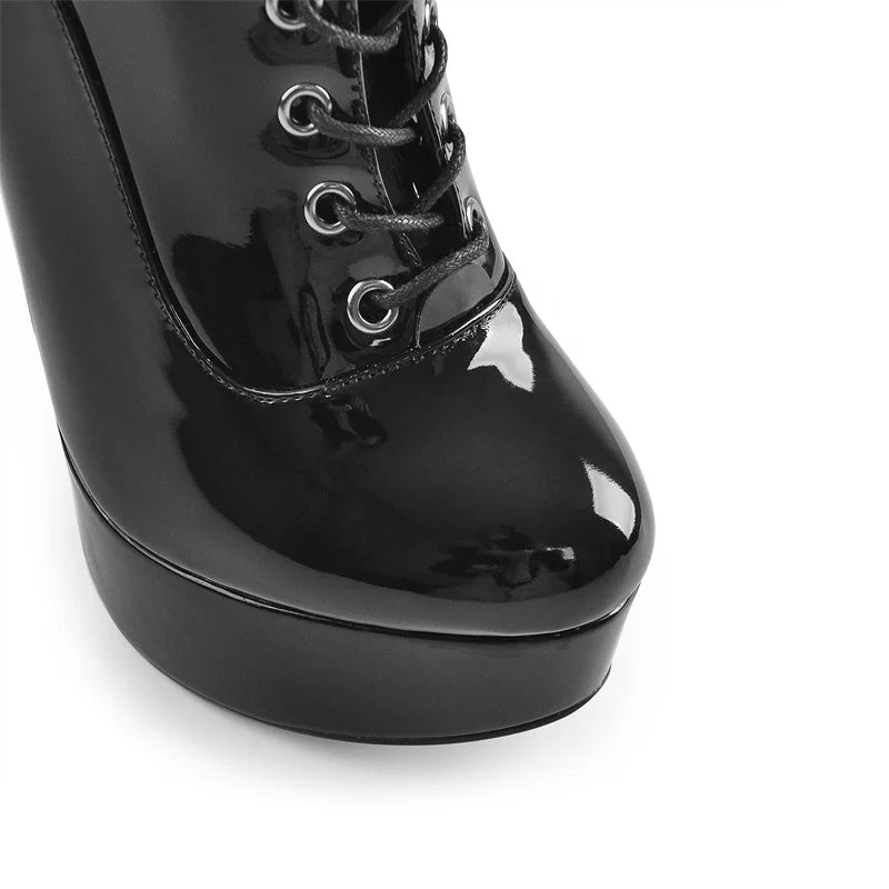 Onlymaker Women Platform Ankle Booties Patent Leather Thin High Heels Lace Up  Size Zip Winter Warm Zipper Boots Shoes