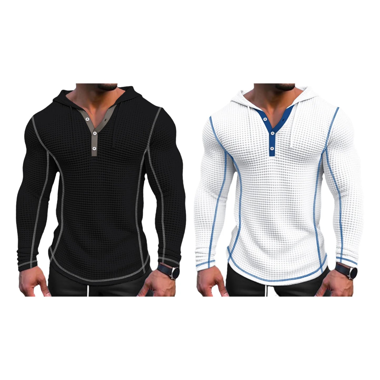 Spring Solid Color Slim Fit Long Sleeved T-shirt, Men's Hooded Breathable Sports Top, Waffle Cotton Casual Long Sleeved Shirt