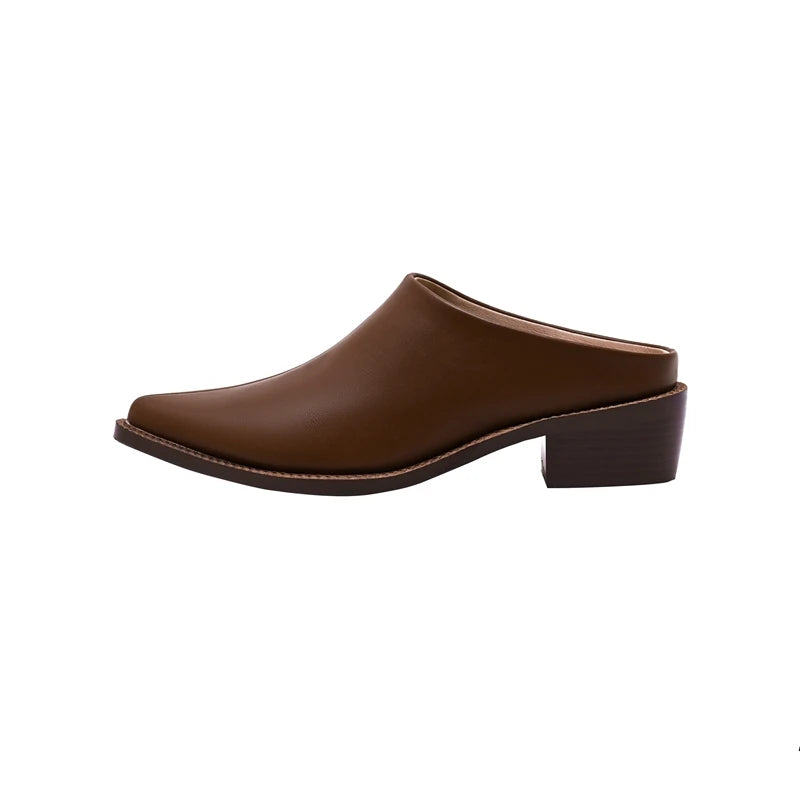 Kaky's New Pointed Cow Tied Leather Thick Heel Medium Heel Large Women's Slippers, Wrapped Half Slippers, Muller Shoes