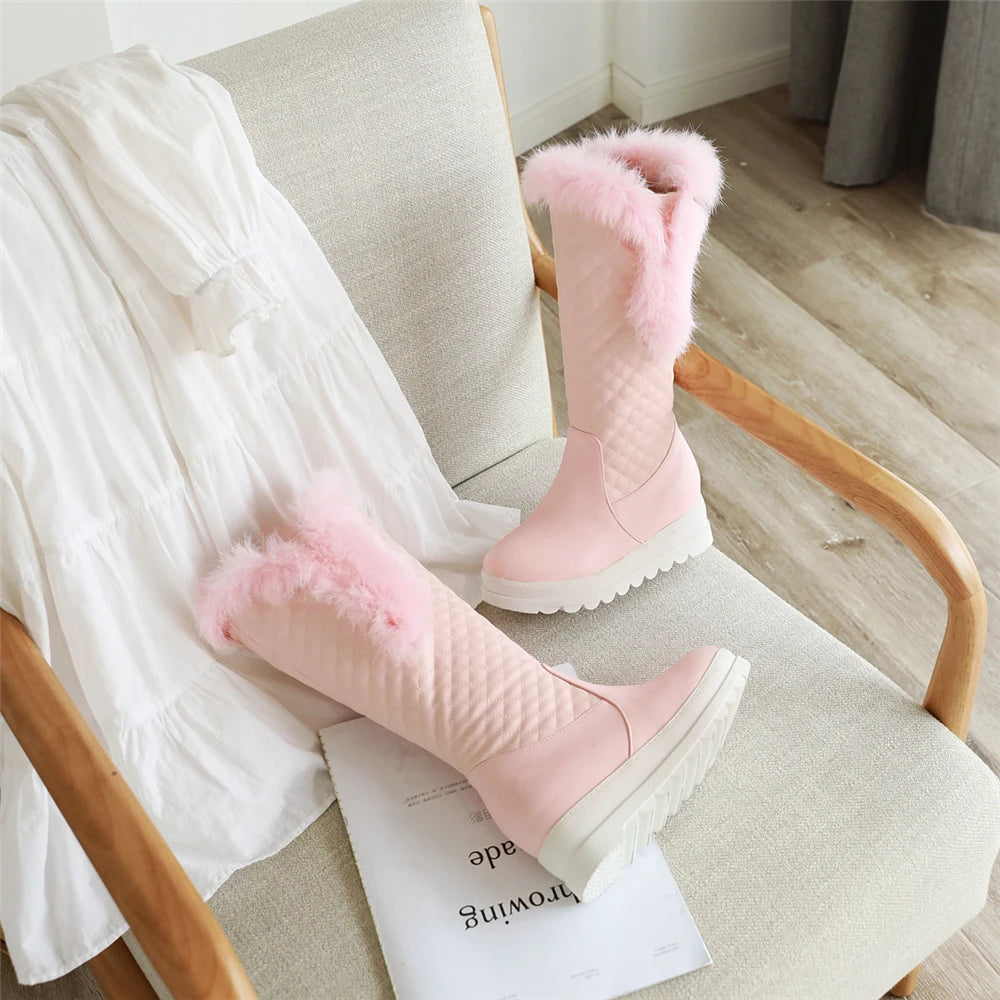 Winter Warm Fur Knee High Boots Womens Platform Snow Boots High Heels Female Padded Shoes  High Boots  Free Ship Big Size 41