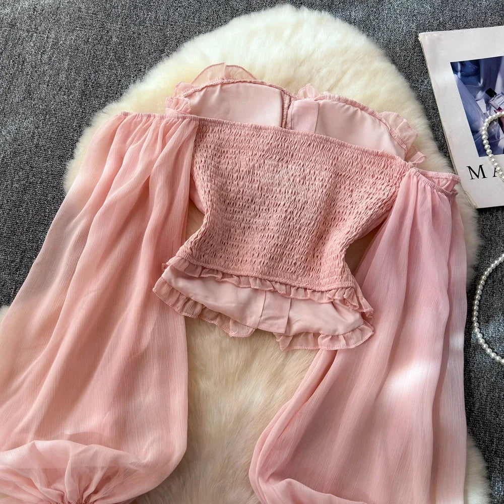 Chiffon Blouse for Women Slash Neck Off Shoulder Solid Color Camisas Ruffles Folds Backless Summer Blusas De Mujer Chic Dropship