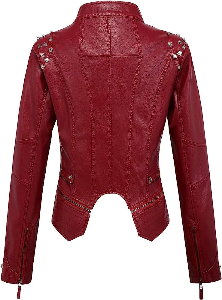 2025 Spring Women PU Leather Jacket With Suit Collar And Rivet Waist