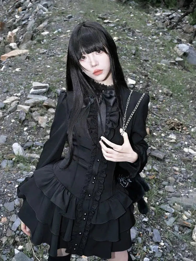 Gothic Vintage Lace Y2k Mini Dress Women Design Streetwear Black Lolita Slim Dress Long Sleeve Elegant Dress Spicy Girls