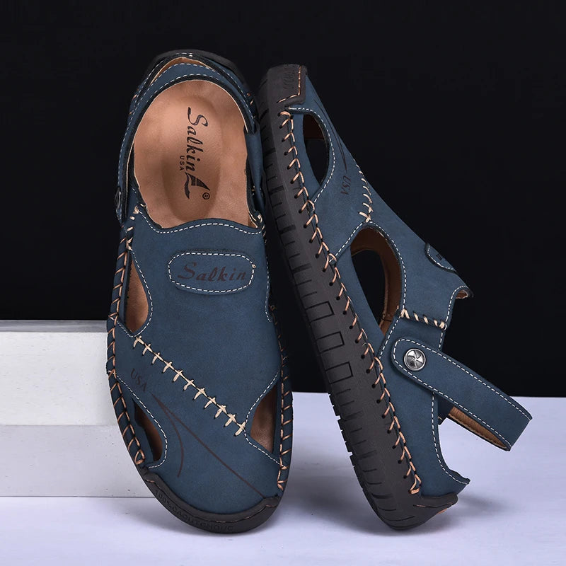 New Handmade Summer Sandals Men Breathable Leather Shoes Man Outdoor Men Sandals Antiskid Beach Sandals Hollow Shoes Fashion