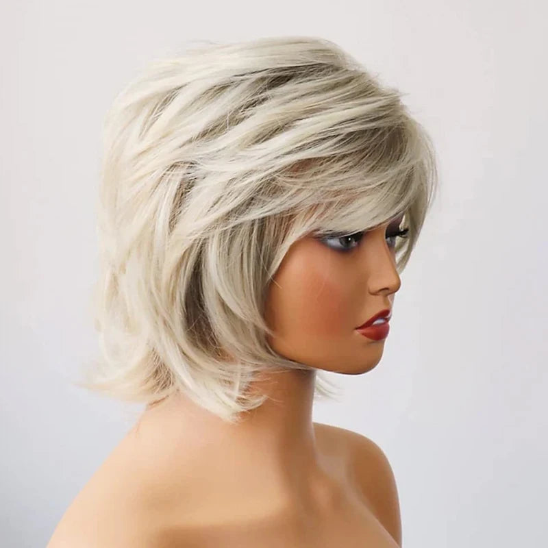 HAIRJOY Synthetic Hair Short Curly Brown Mixed Blonde Highlight Wigs with Bangs for White Women