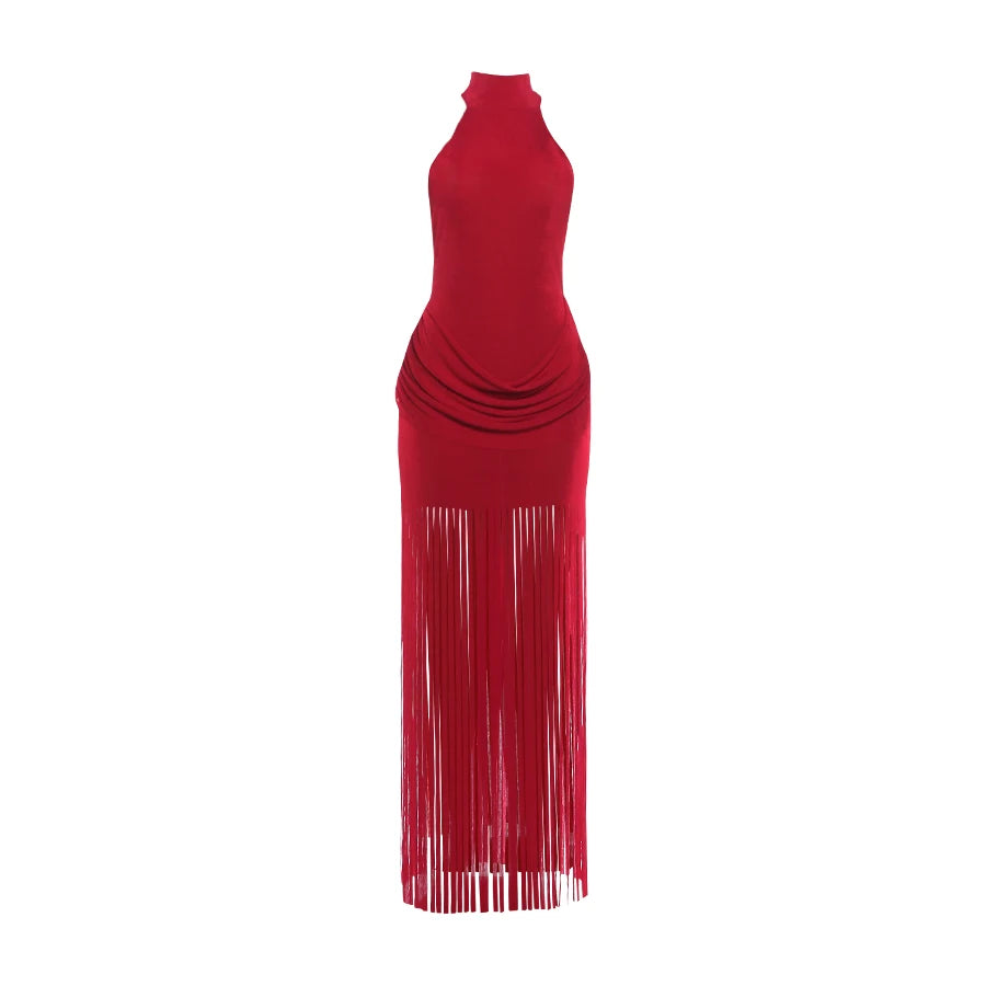 Weird Puss Velvet Halter Dress Women Ruched Patchwork Tassel Hem Backless Bodycon