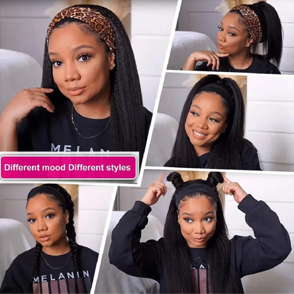 Kinky Straight Headband Wig Remy Human Hair Wig Ready To Wear Peruvian Yaki Straight Headband Isee Human Hair Wig for Women