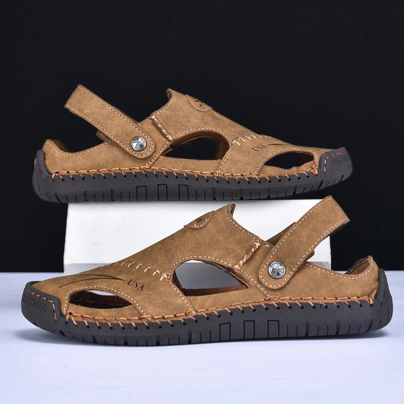 New Handmade Summer Sandals Men Breathable Leather Shoes Man Outdoor Men Sandals Antiskid Beach Sandals Hollow Shoes Footwear