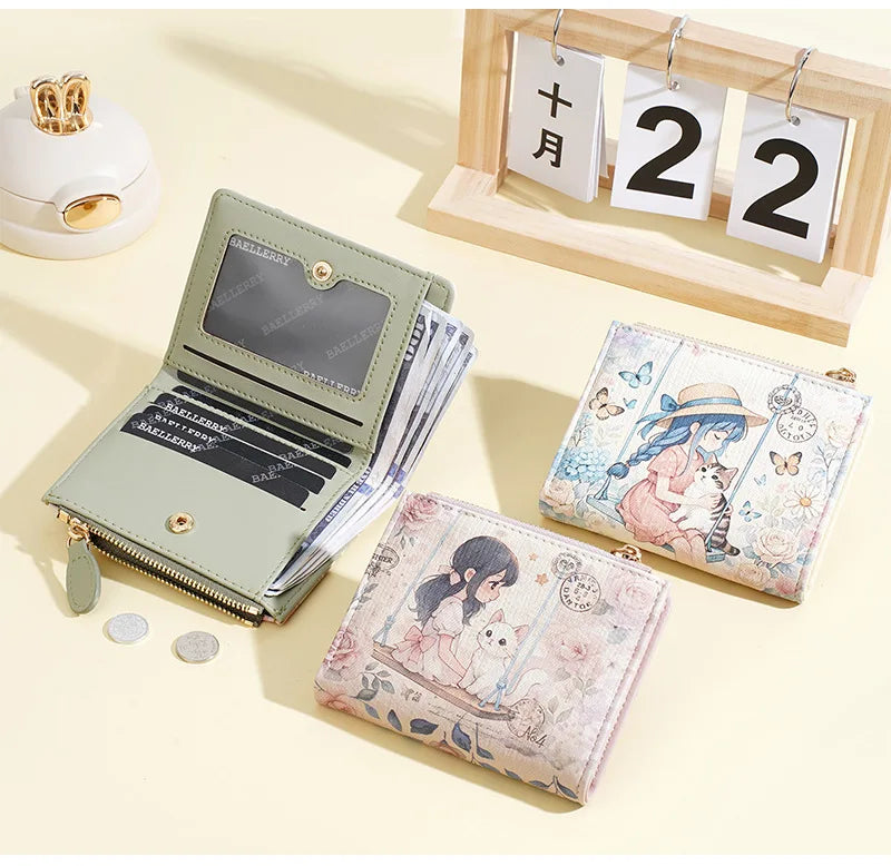 Baellerry Cute Cartoon Girl Wallet PU Leather Card Holder Coin Purse Photo Album for Students Birthday Gift for Daughters