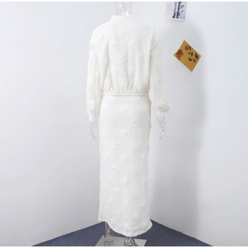 Knitting 3D Flower Tops Long Skirts Sets Women Elegant Lantern Sleeve Top Suit With Hip Package Skirt Lady 2025 Spring Outfits