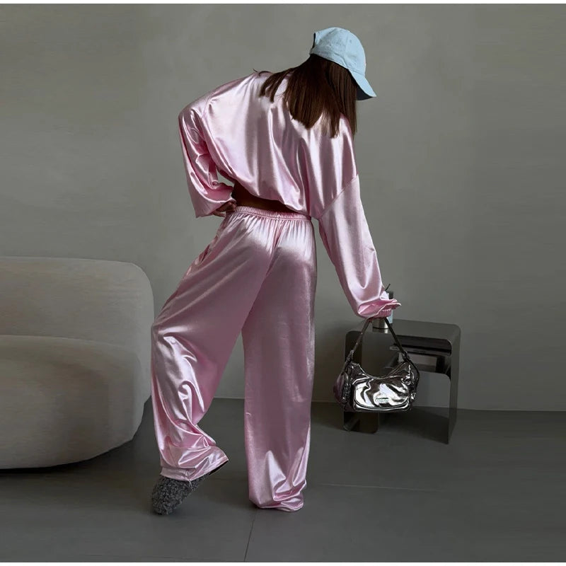 2026 Spring Satin Embroidered Zip-Up Jacket Wide Leg Pants Set Oversized Slouchy Women 2 Pcs Outfit Cool Lady Co-ord Streetwear