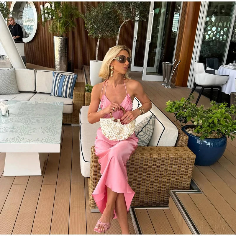 Elegant Satin Pink Women's Long Dresses Fashion Sleeveless Backless Slim Fit Hem Midi Dress Summer Female Holiday Robes 2026